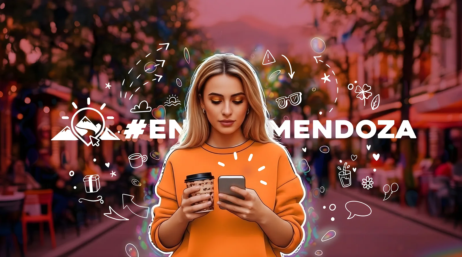 Una chica con un café mira el celular en una calle de Mendoza, con el logo de EN MENDOZA